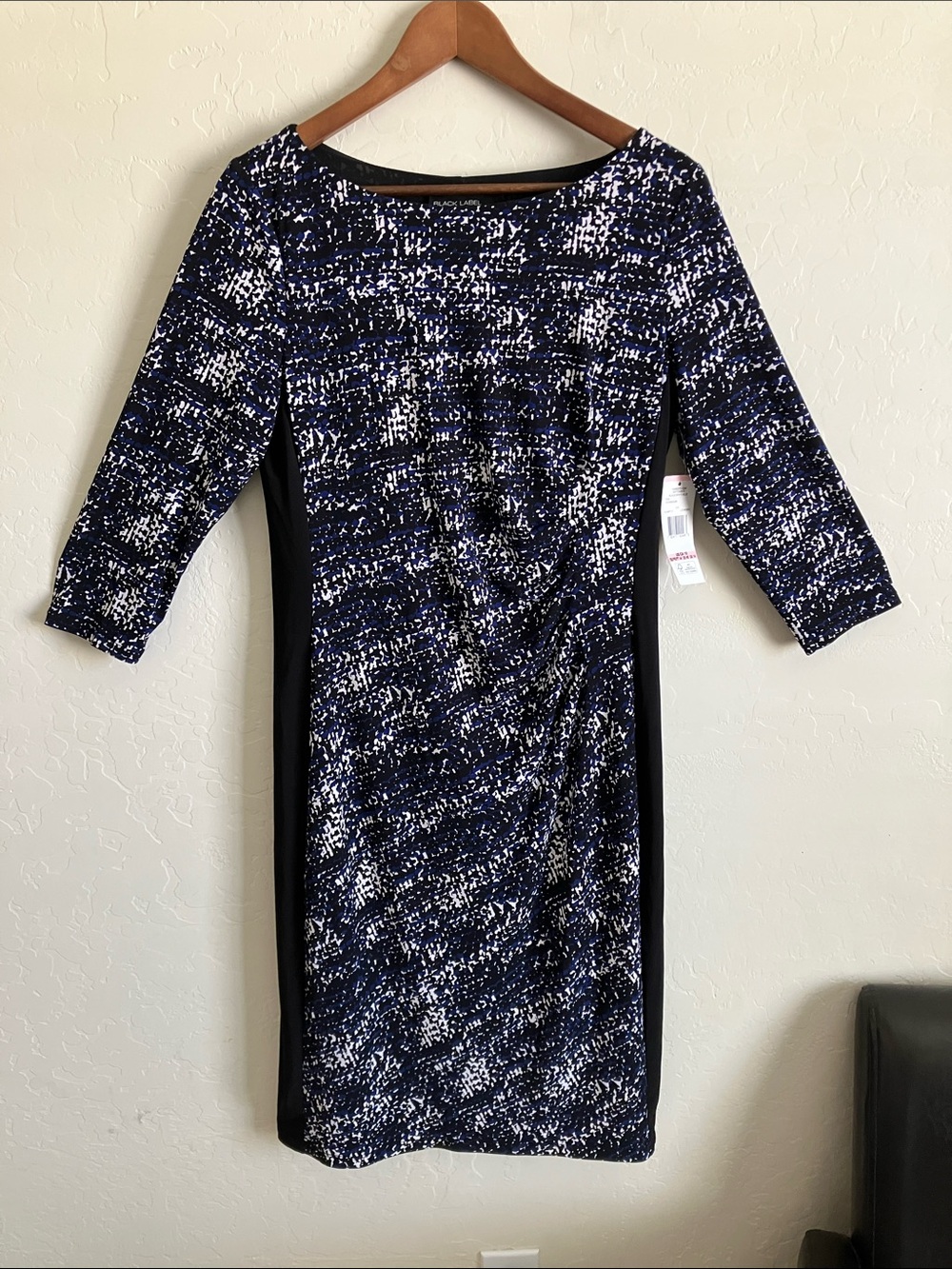 NEW Evan Picone Dress Women’s 10 Blue Black Bodycon Midi 3/4 Sleeve Stretch Line